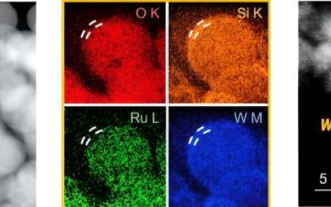 Schematic image showing the characteristics of RuSiW. (Left) Dark-field STEM, (Center) EDX elemental mapping images of RuSiW, and (Right) High-resolution bright-field TEM image of RuSiW. Credit: UNIST